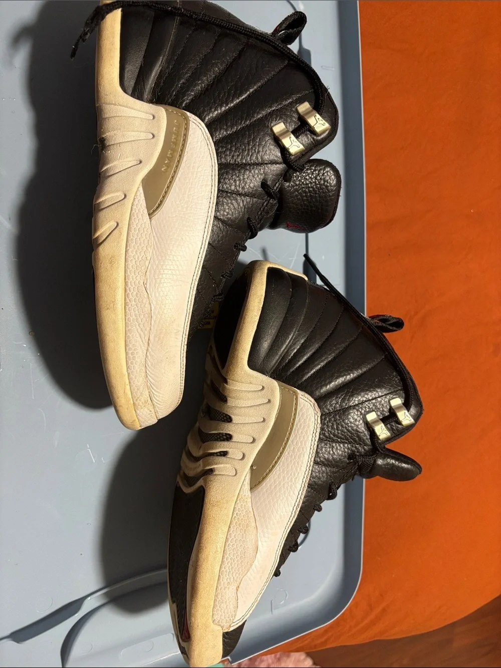 Jordan 12s  Kids Black and White High-Top Sneakers with Red Jumpman